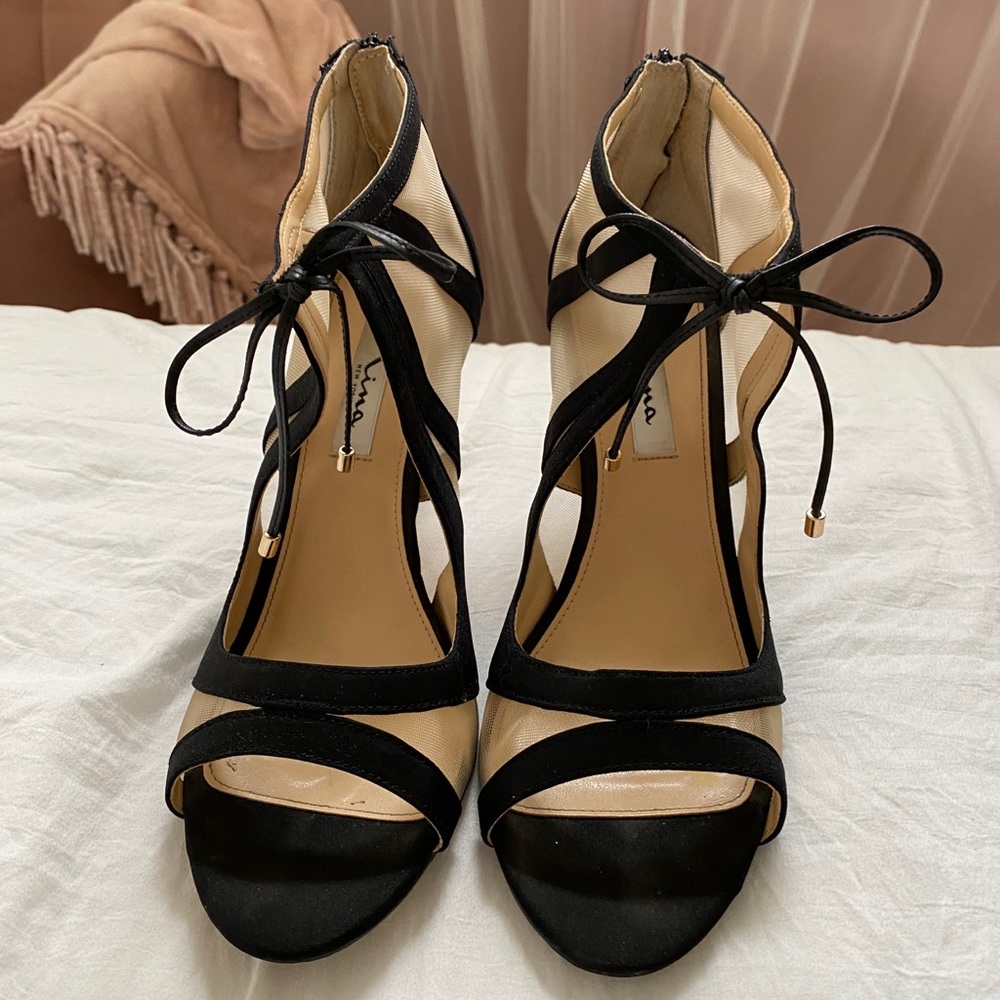 Nina Strappy Mesh Tie Peep Toe Heels